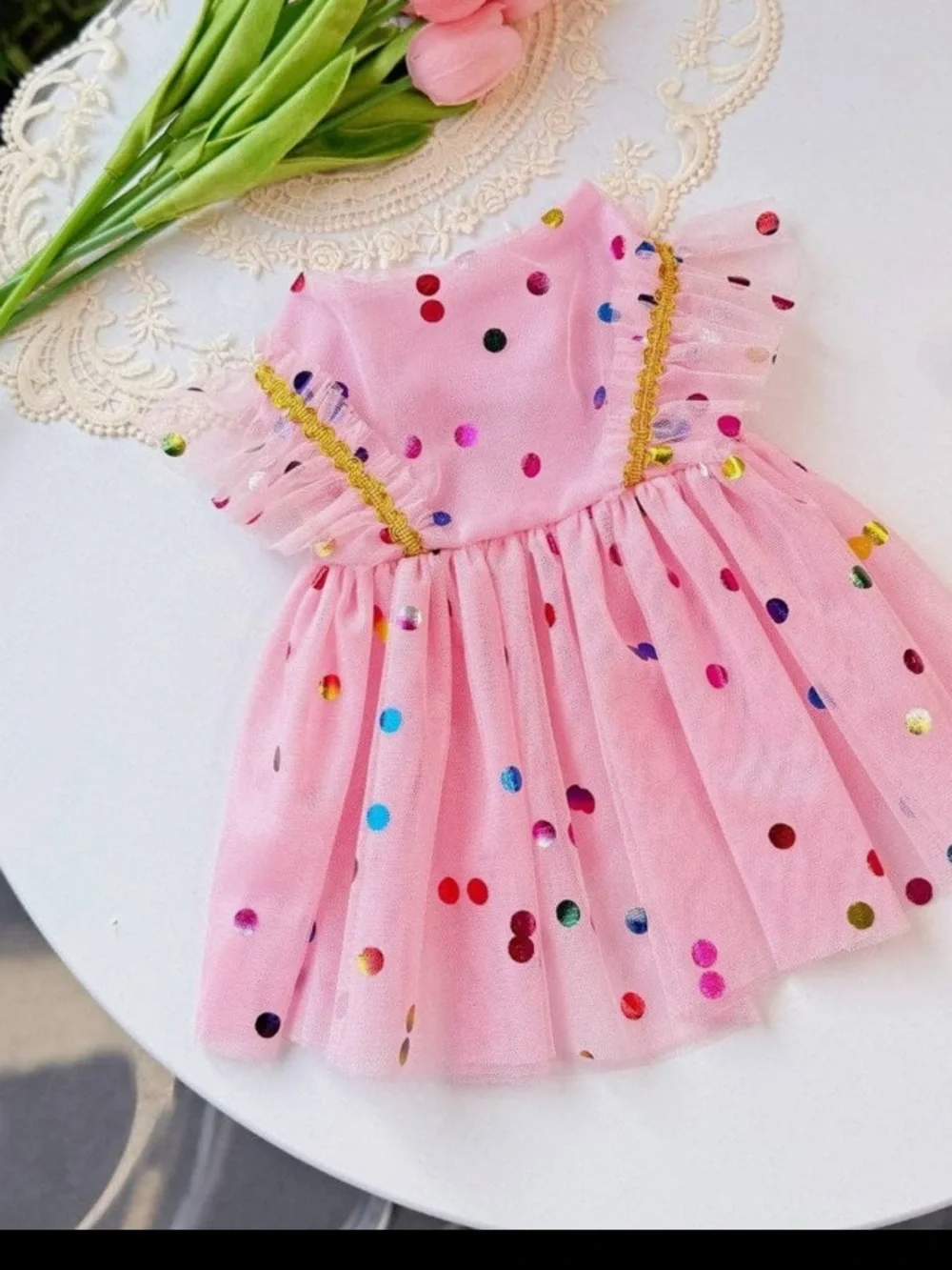 Pet  Pink Polka Dot Tulle Party Dress